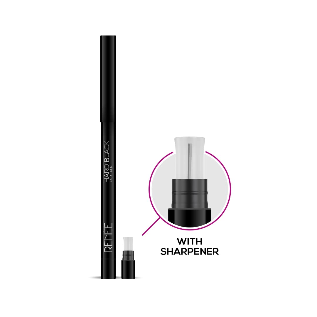 RENEE Hard Black Kajal Pen with Sharpener | 24 Hrs Stay | Long Lasting | Super Black Kajal Pencil | Matte Finish & Rich Color Payoff | Smudge & Water Proof | One Swipe Application Formula | 0.35gm