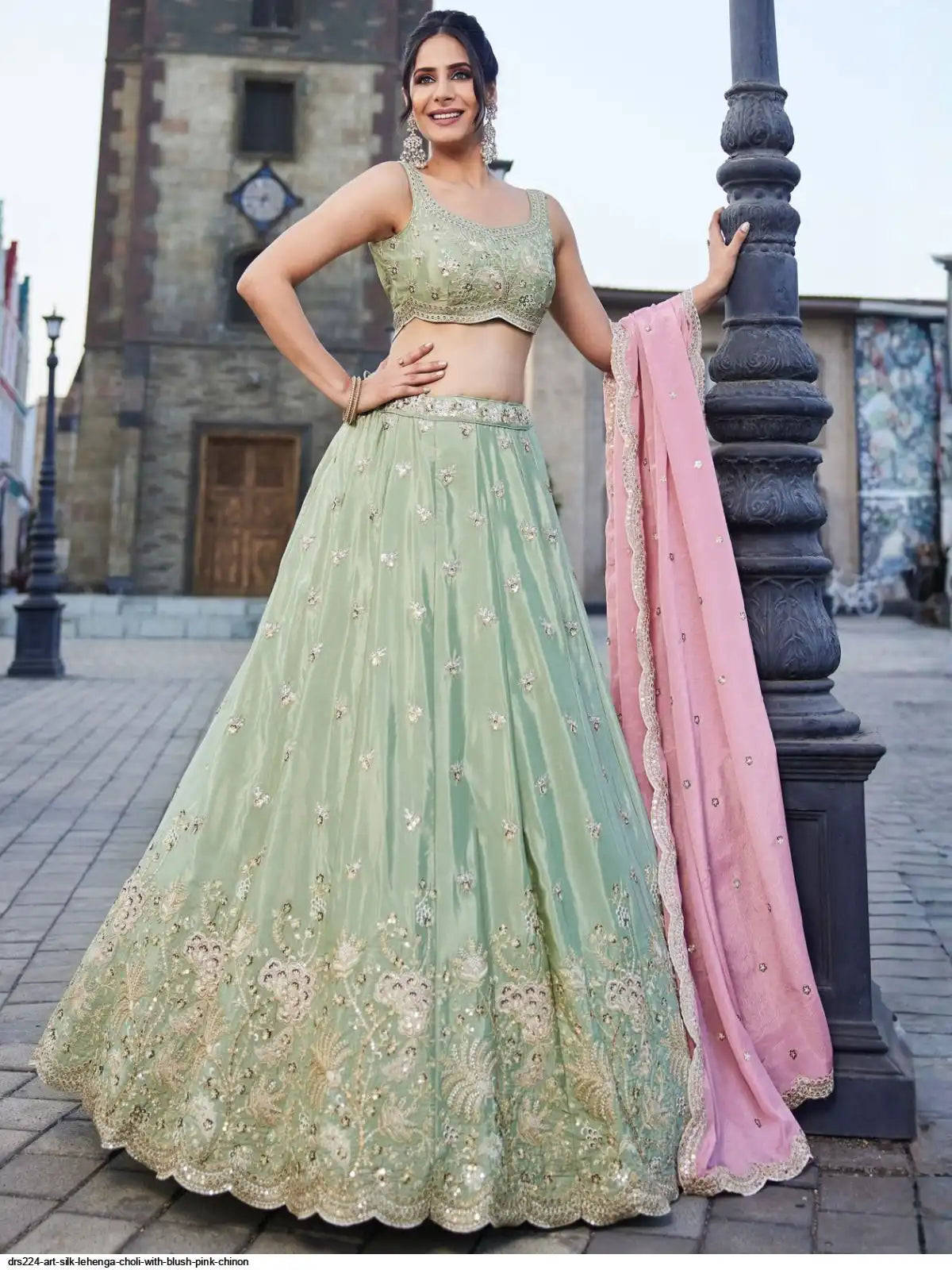 DRS224 ART SILK LEHENGA CHOLI WITH BLUSH PINK CHINON