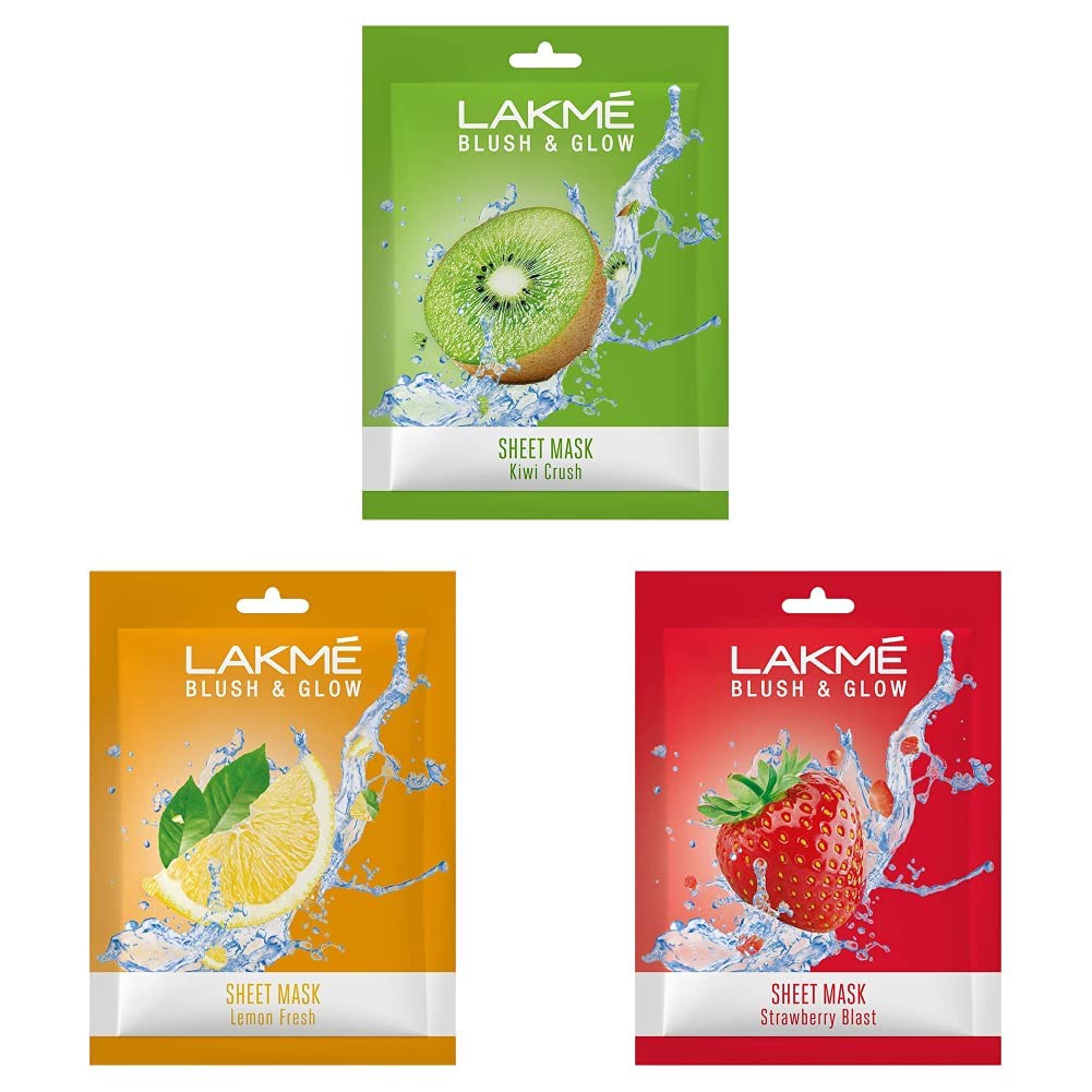 LAKME Blush & Glow Kiwi Sheet Mask, 20 ml, Blush & Glow Strawberry Sheet Mask, 20 ml & Blush & Glow Lemon Sheet Mask, 20 ml, Pack of 3