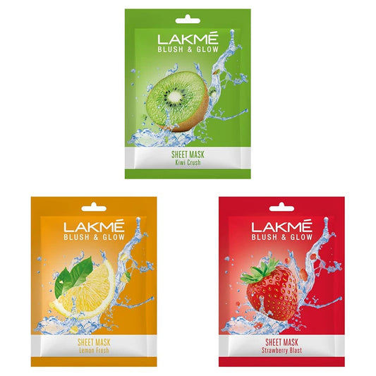 LAKME Blush & Glow Kiwi Sheet Mask, 20 ml, Blush & Glow Strawberry Sheet Mask, 20 ml & Blush & Glow Lemon Sheet Mask, 20 ml, Pack of 3