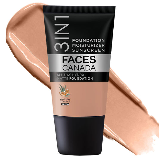 ACES CANADA All Day Hydra Matte Foundation - Mini | 3in1 Foundation + Moisturizer + SPF 30 | 24 HR Aloe Hydration & Vitamin C | 10HR Wear | Medium to High Buildable Coverage | Caramel Natural (18 ml)