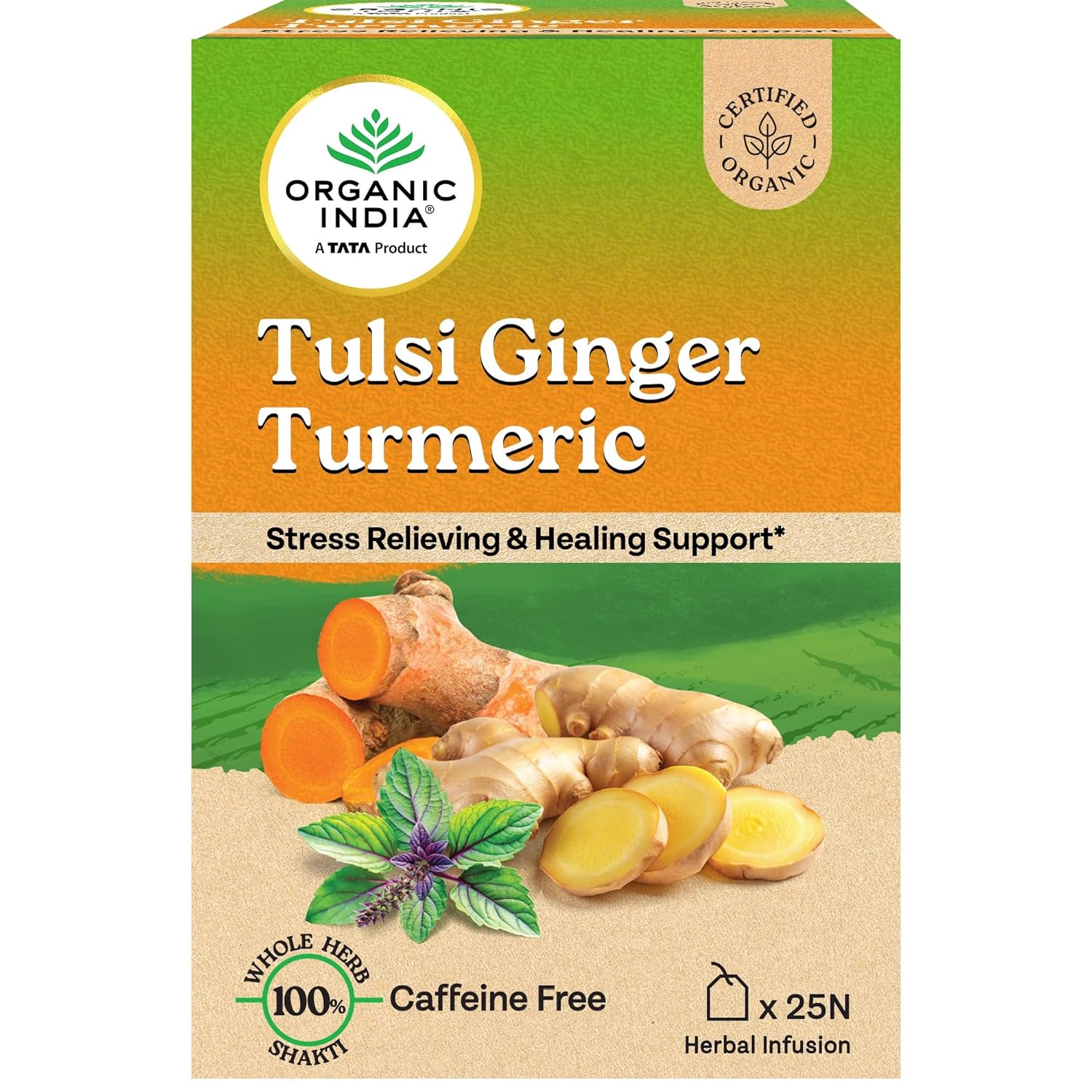 Organic India Tulsi Ginger Turmeric Tea 25 tea bags for improves immunity, boost metabolism, enhances stamina, cold, cough