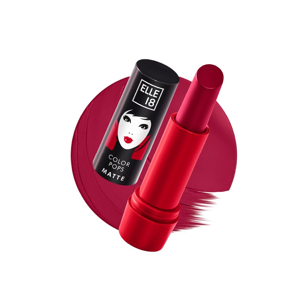 Elle 18 Color Pops Matte Lipstick, Code Red, Moisturising Bullet Matte, with Vitamin E, Highly Pigmented, Infused with Jojoba Oil and Shea Butter | 4.3 g