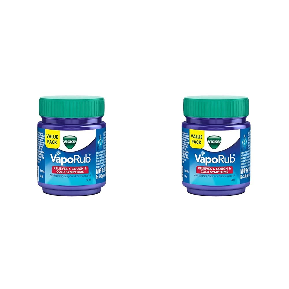 Vicks Vaporub 50ml, Relief From Cold, Cough, Blocked Nose, Headache, Body Ache, Muscular Stiffness And Breathing Difficulty (Pack of 2)