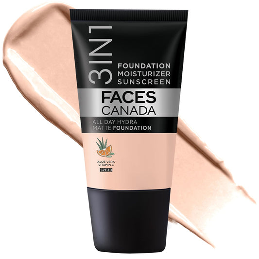 FACESCANADA Cream All Day Hydra Matte Foundation - Mini | 3in1 Foundation + Moisturizer + SPF 30 | 24 HR Aloe Hydration & Vitamin C | 10HR Wear | Medium to High Buildable Coverage | Rose Ivory(18 ml)
