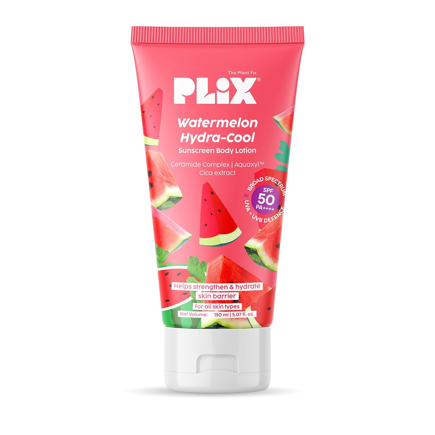 PLIX - THE PLANT FIX Watermelon Hydra-Cool Sunscreen Body Lotion With SPF 50 | PA++++ | Ceramides, Cica, Aquaxyl & Frescolat® ML | Lightweight 2-in-1 Body Lotion + Sunscreen 150ml