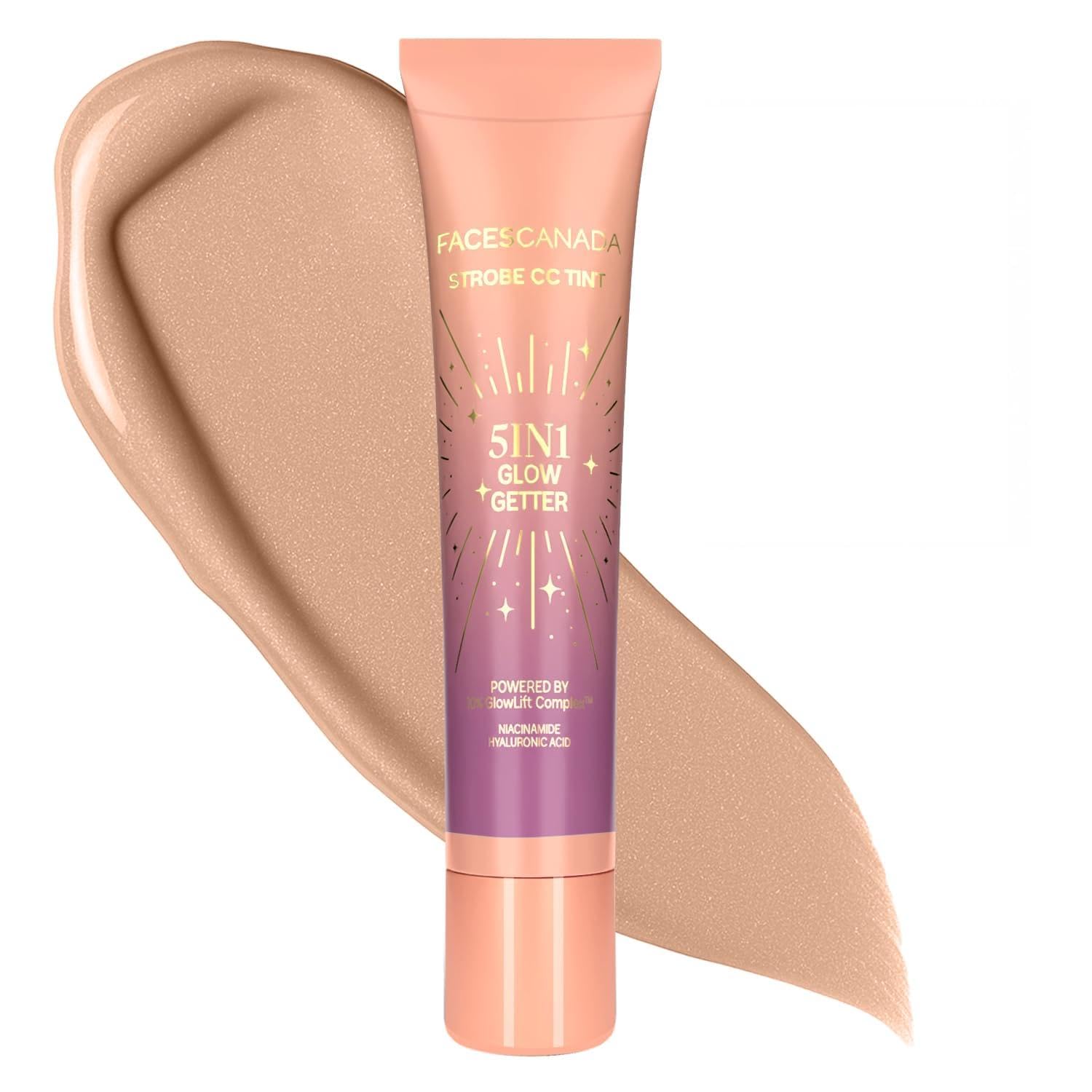 FACES CANADA Strobe CC Tint Mini - Sunset Glaze 02, 18ml | 5-in-1 Serum + Moisturizer + Primer + BB/CC Cream + Strobe Cream | Lightweight | Radiant Dewy Glass Skin Glow | Niacinamide & Hyaluronic Acid | For Light to Medium Skin
