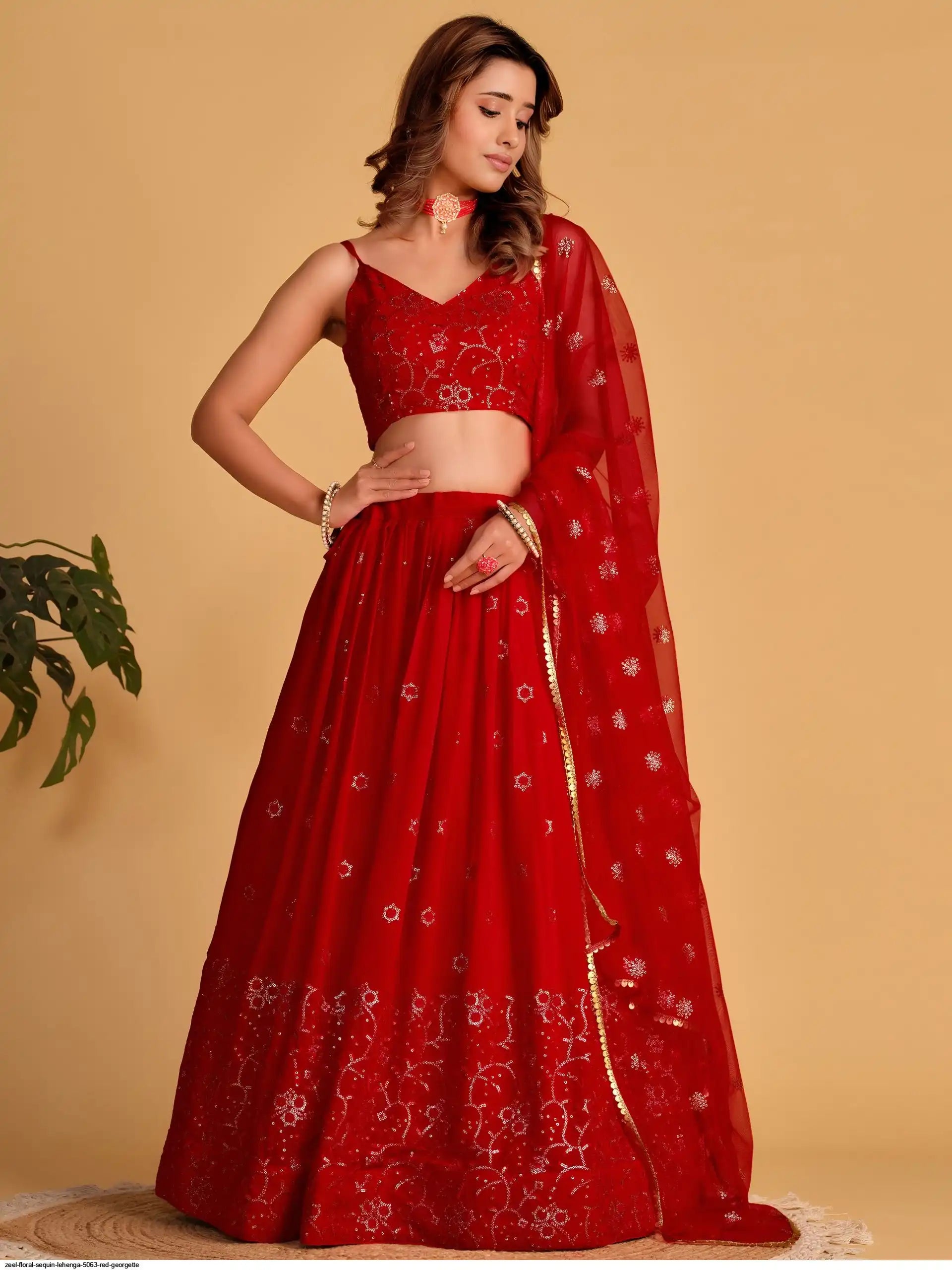 ZEEL FLORAL SEQUIN LEHENGA 5063 RED GEORGETTE
