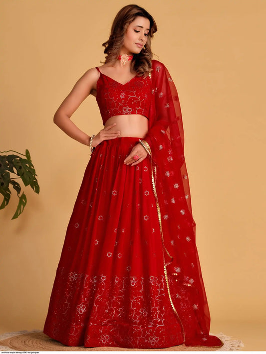 ZEEL FLORAL SEQUIN LEHENGA 5063 RED GEORGETTE