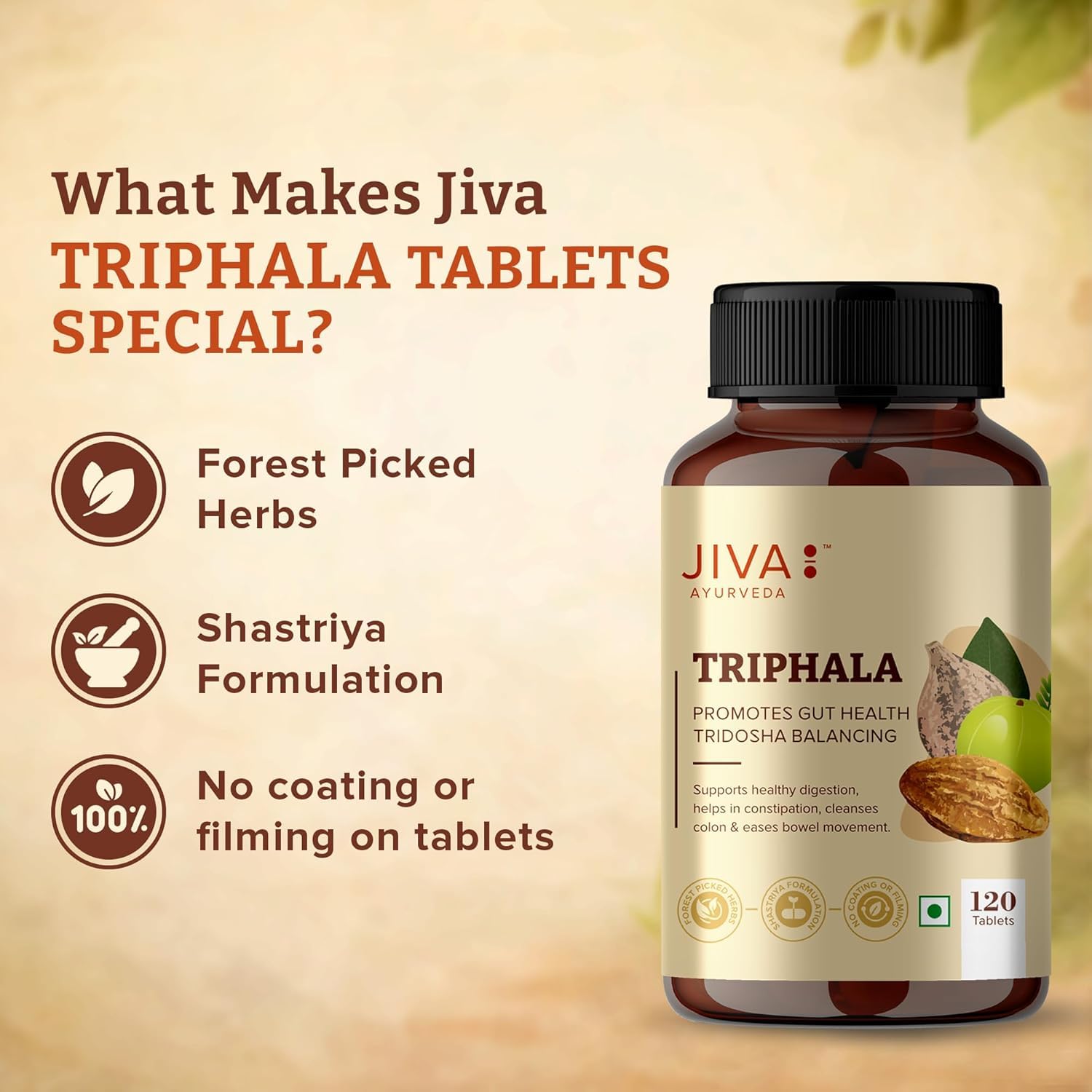 Jiva Ayurveda Triphala Ayurvedic (120 Tablets) For bowel movement, eye and hair related problems