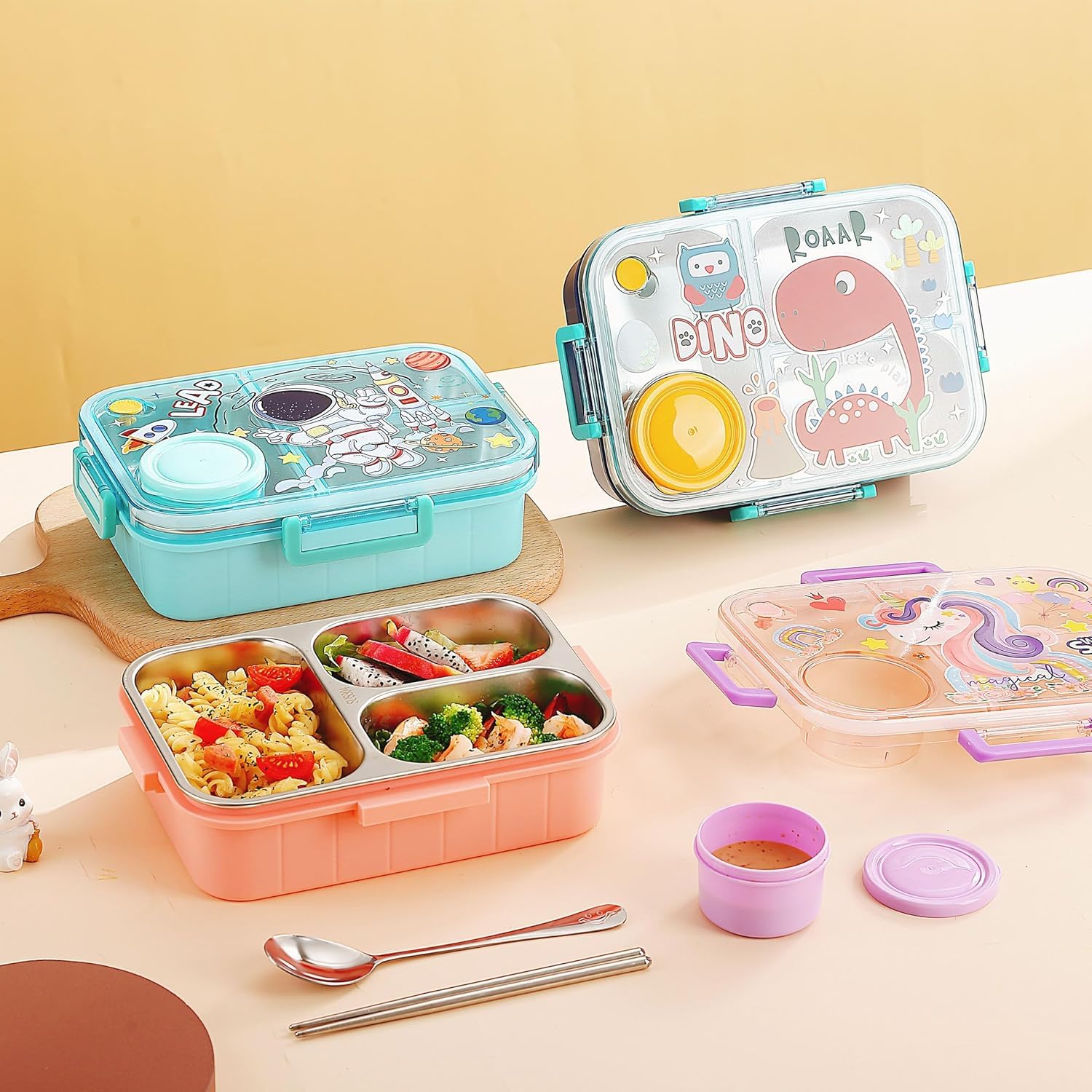 3 Compartment Lunch Box for Adults & Kids, Microwave Safe Bento Lunch Box with Spoon & Chopsticks, Reusable Food Storage Meal Prep Container, Leak Resistant Japanese Style Tiffin Box (Monsoon Special)
