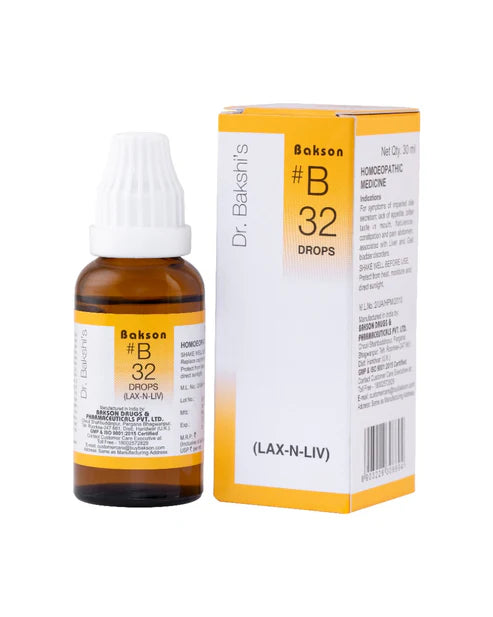 Bakson B32 Lax-n-Liv Drops (30ml) For Lack of Appetite, Flatulence, Constipation, jaundice, hepatitis