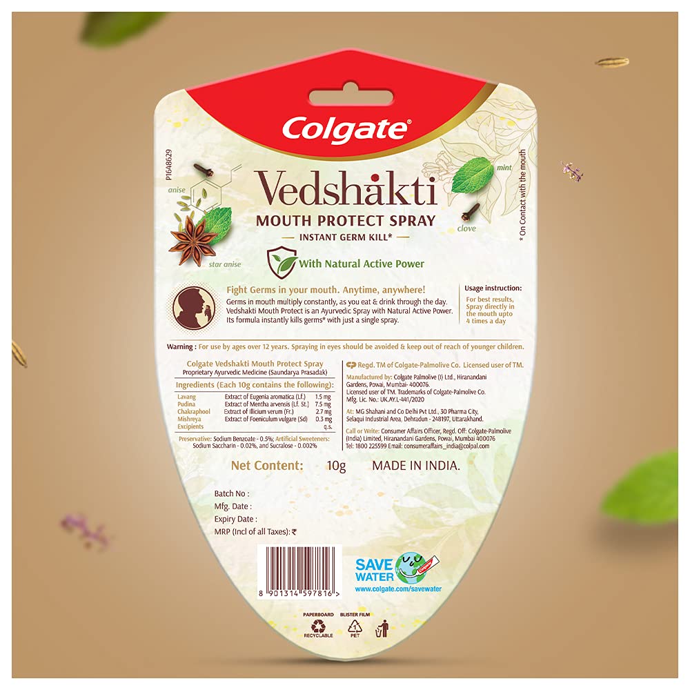 Colgate Vedshakti Mouth Protect Spray – 10gm For controlling germ build-up, long-lasting freshness with its minty saunf flavour