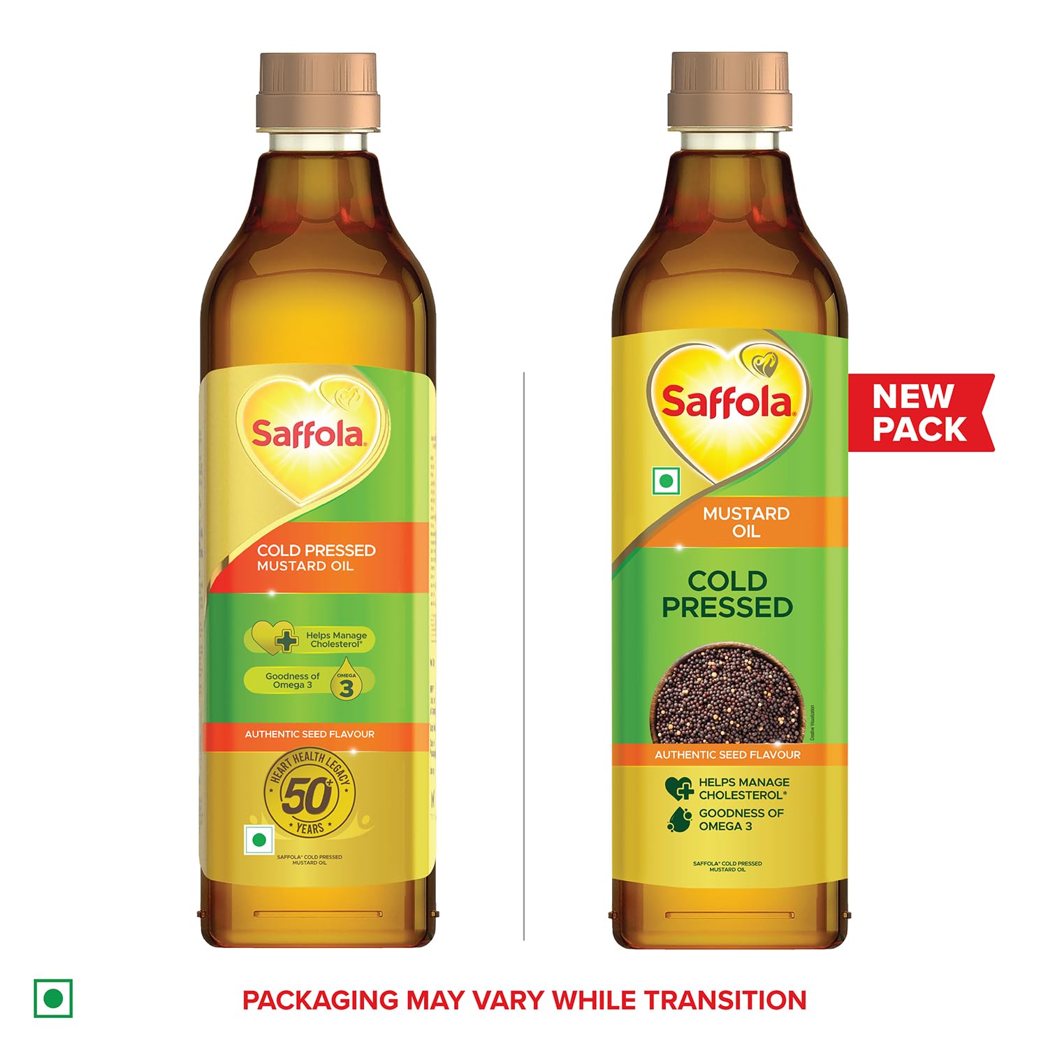 Saffola Cold Pressed Mustard Oil | 100% Cold Pressed Mustard Seed Oil | Kachi ghani Mustard Oil, 0 trans fat, Unrefined, Chemical free | Helps Manage Cholesterol, Goodness of Omega 3 with Authentic Seed Flavour | 1L Pet Bottle
