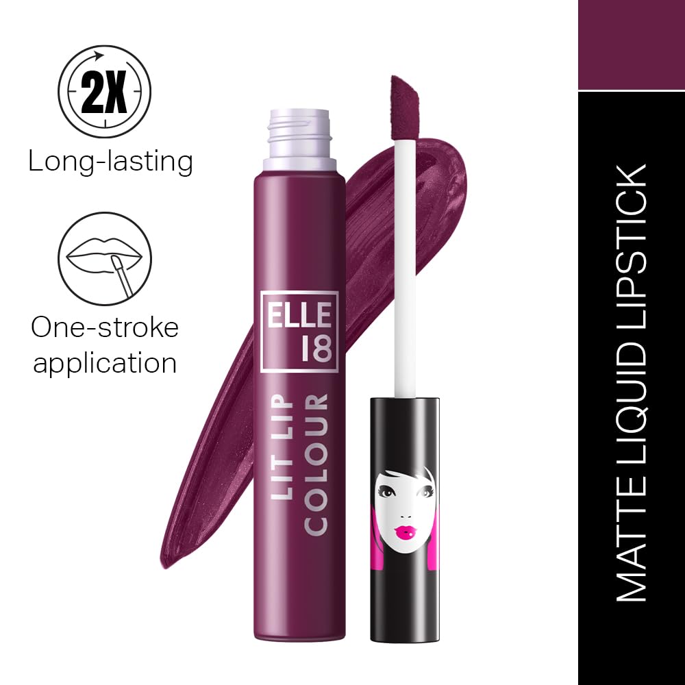Elle 18 Lit Lip, Matte Finish, Sangria Blanca, 16 hrs Long Lasting Liquid Lipstick, Smudge and Transfer Proof Lipstick, One-stroke application, Quick Drying | 5.6 ml