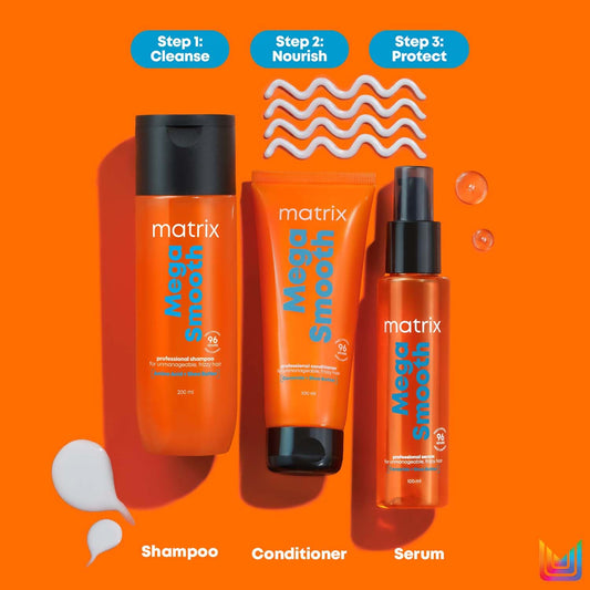 MATRIX Mega Smooth Shampoo (200ml), Conditioner (100ml) & Serum(100ml)