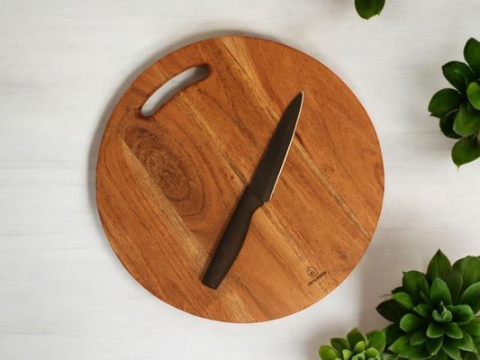 Vesta Homes Wooden Round Chopping Board/Cutting Board/Serving Board, Plate for Pizza, Vegetables, Fruits and Cheese | Natural Acacia Wood