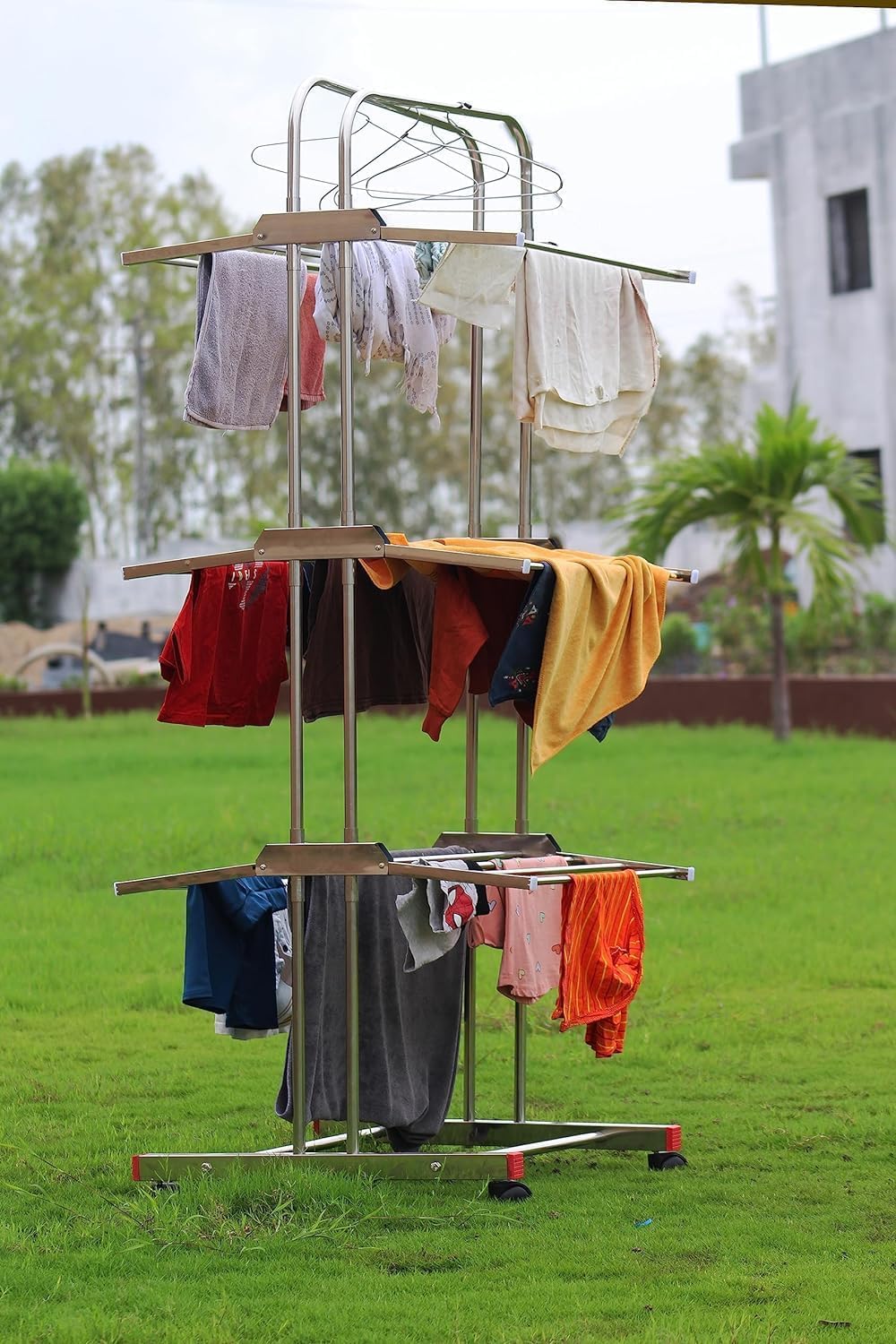 3 Tier 304 Stainless Steel Foldable Cloth Dryer Stand | Heavy Duty Rust-Proof Movable Clothes Drying Rack for Balcony & Indoor Use