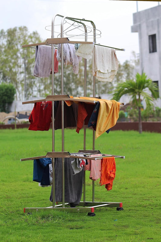 3 Tier 304 Stainless Steel Foldable Cloth Dryer Stand | Heavy Duty Rust-Proof Movable Clothes Drying Rack for Balcony & Indoor Use