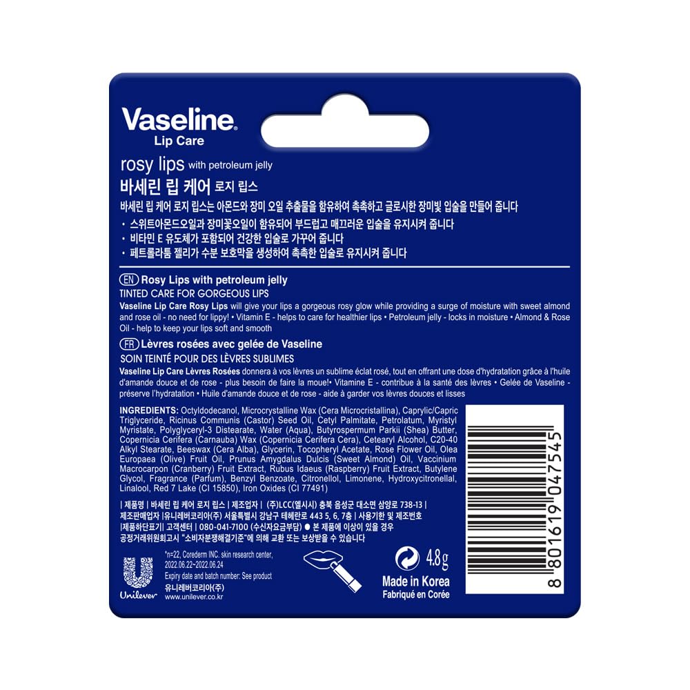 Vaseline Lip Care | Rosy Lips Tinted Lip Balm Stick | up to 48Hr moisturization | with almond oil & rose extract | made in South Korea | 4.8g