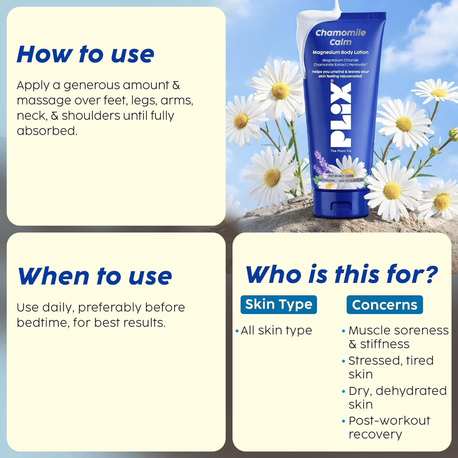 PLIX - THE PLANT FIX Chamomile Calm Magnesium Body Lotion | 10% Magnesium Chloride | Chamomile Extract | Lavender Oil | Helps Relax Tired Muscles | For Men & Women