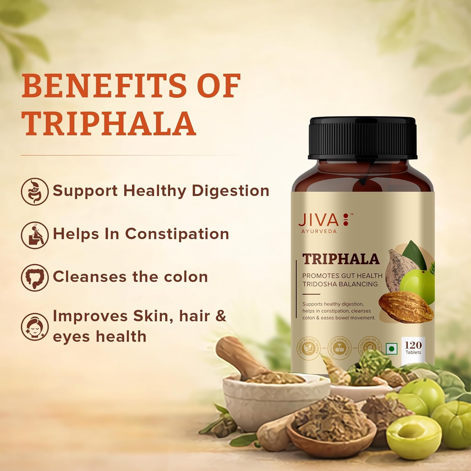 Jiva Ayurveda Triphala Ayurvedic (120 Tablets) For bowel movement, eye and hair related problems