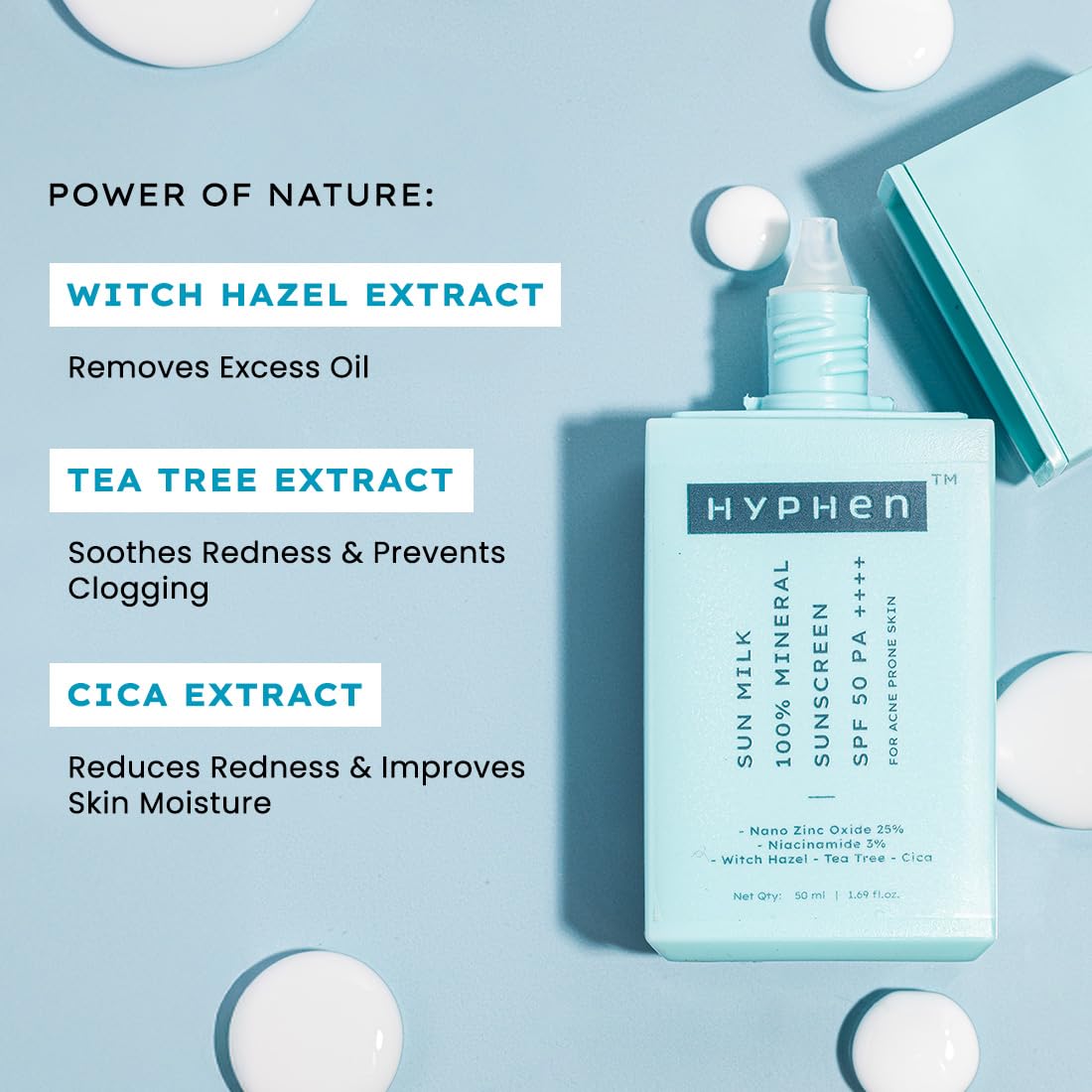 Hyphen Sun Milk 100% Mineral Sunscreen SPF 50 PA++++ 25% Nano Zinc Oxide For Acne Prone, Oily Skin (50ml)