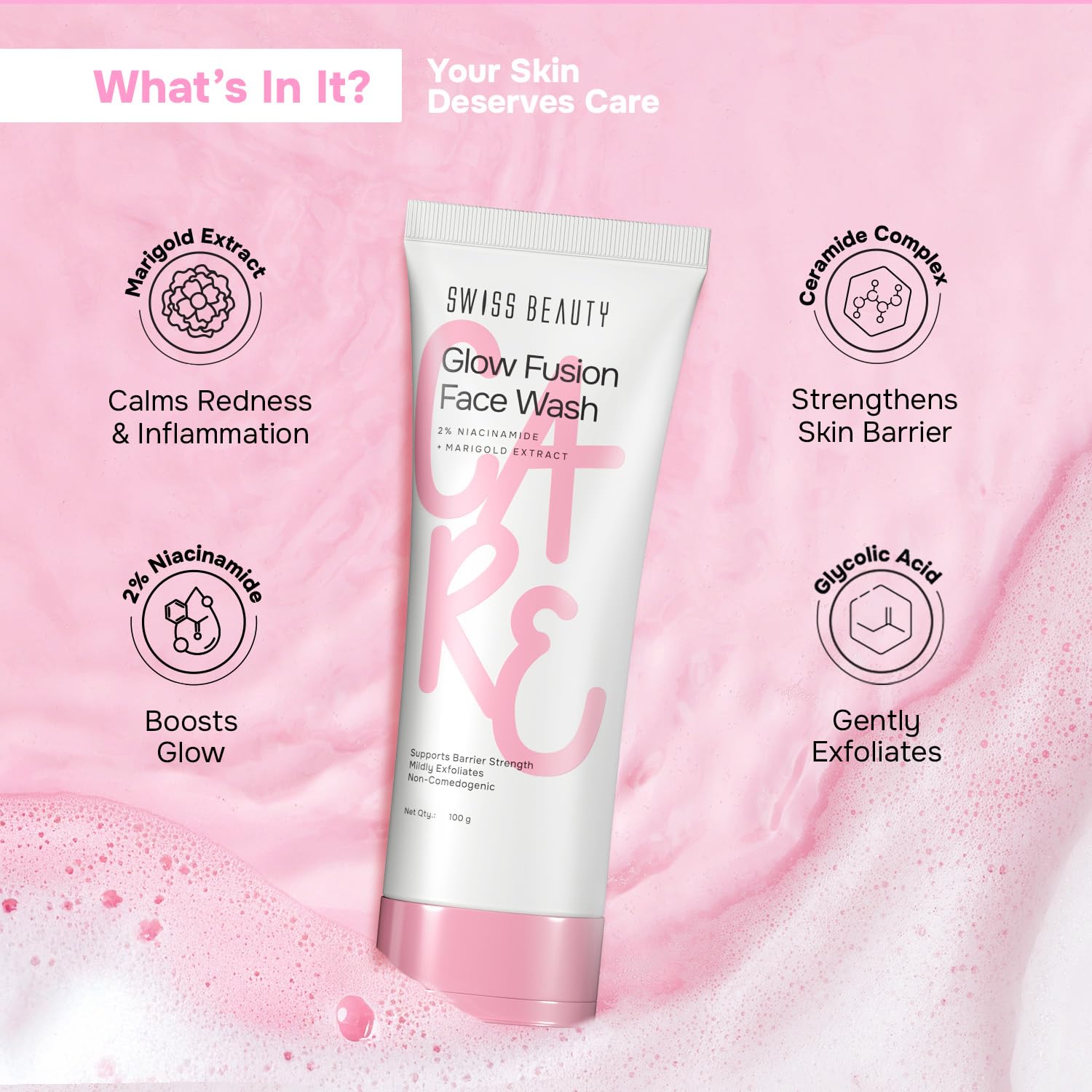 Swiss Beauty Care Glow Fusion Face Wash | Deep Yet Gentle Cleanse | 2% Niacinamide & Marigold Extract | Exfoliating | 100gm
