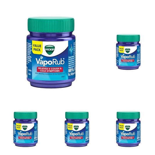 Vicks Vaporub 50ml, Relief From Cold, Cough, Blocked Nose, Headache, Body Ache, Muscular Stiffness And Breathing Difficulty (Pack of 5)