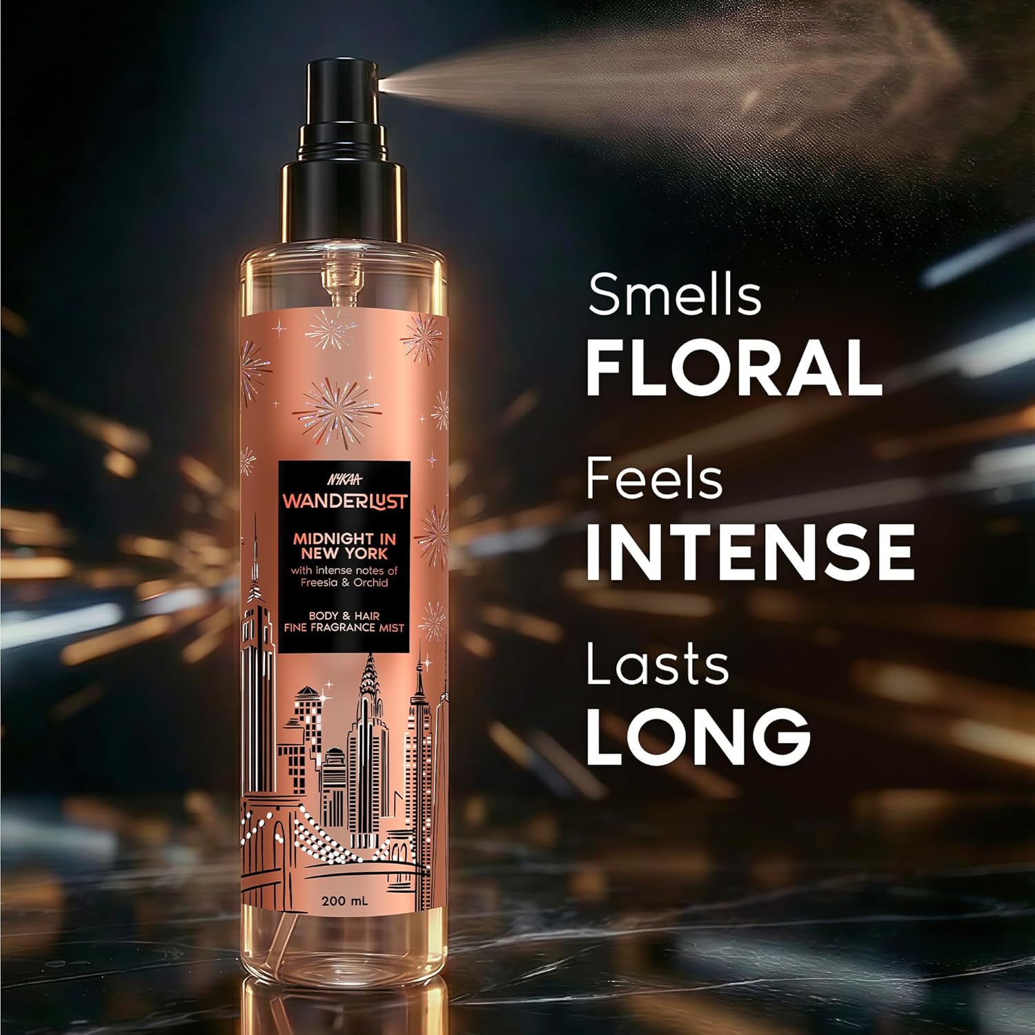Nykaa Wanderlust Midnight in New York Body & Hair Fine Fragrance I | Perfume Mist for Women – 200 ml I Orchid & Musk |