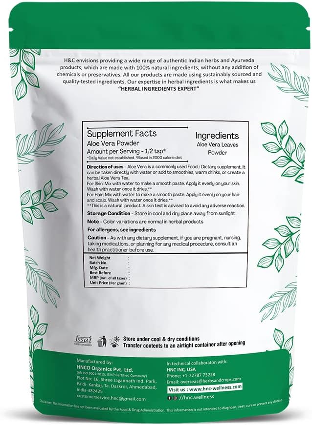 H&C Herbal Ingredients Aloe Vera Leaf (Aloe Barbadensis) Powder – 227g for Hair And Skin Care