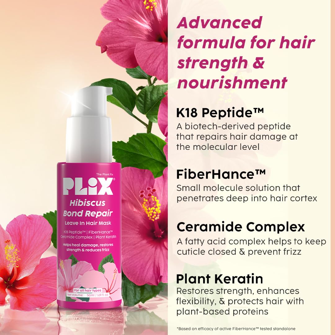 PLIX- THE PLANT FIX Hibiscus Strength & Repair Hair Care Kit | Shampoo (200ml) + Conditioner (175ml) + Leave-In Hair Mask (50ml) | 3X Stronger Hair | Reduces Breakage, Split Ends & Frizz
