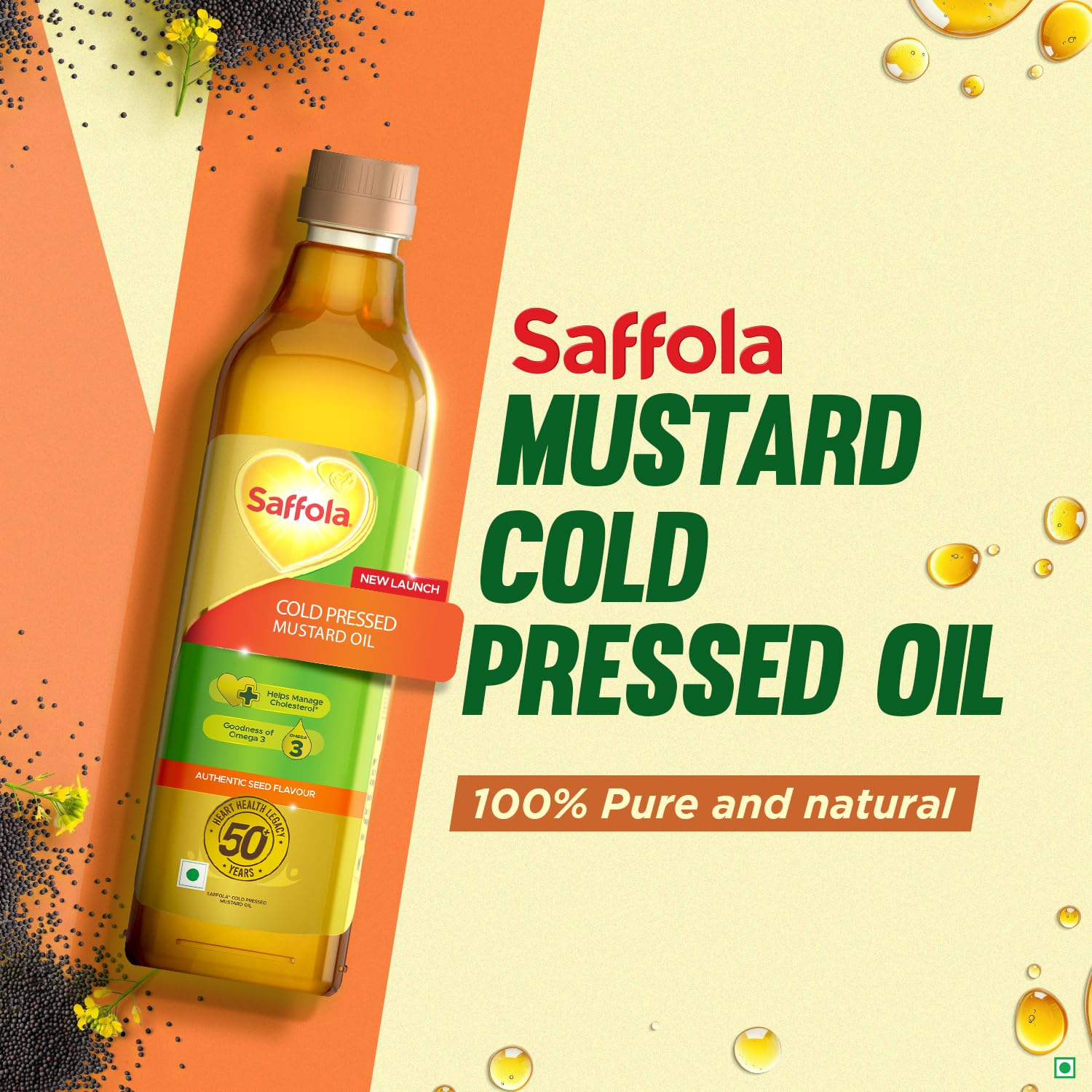 Saffola Cold Pressed Mustard Oil | 100% Cold Pressed Mustard Seed Oil | Kachi ghani Mustard Oil, 0 trans fat, Unrefined, Chemical free | Helps Manage Cholesterol, Goodness of Omega 3 with Authentic Seed Flavour | 1L Pet Bottle