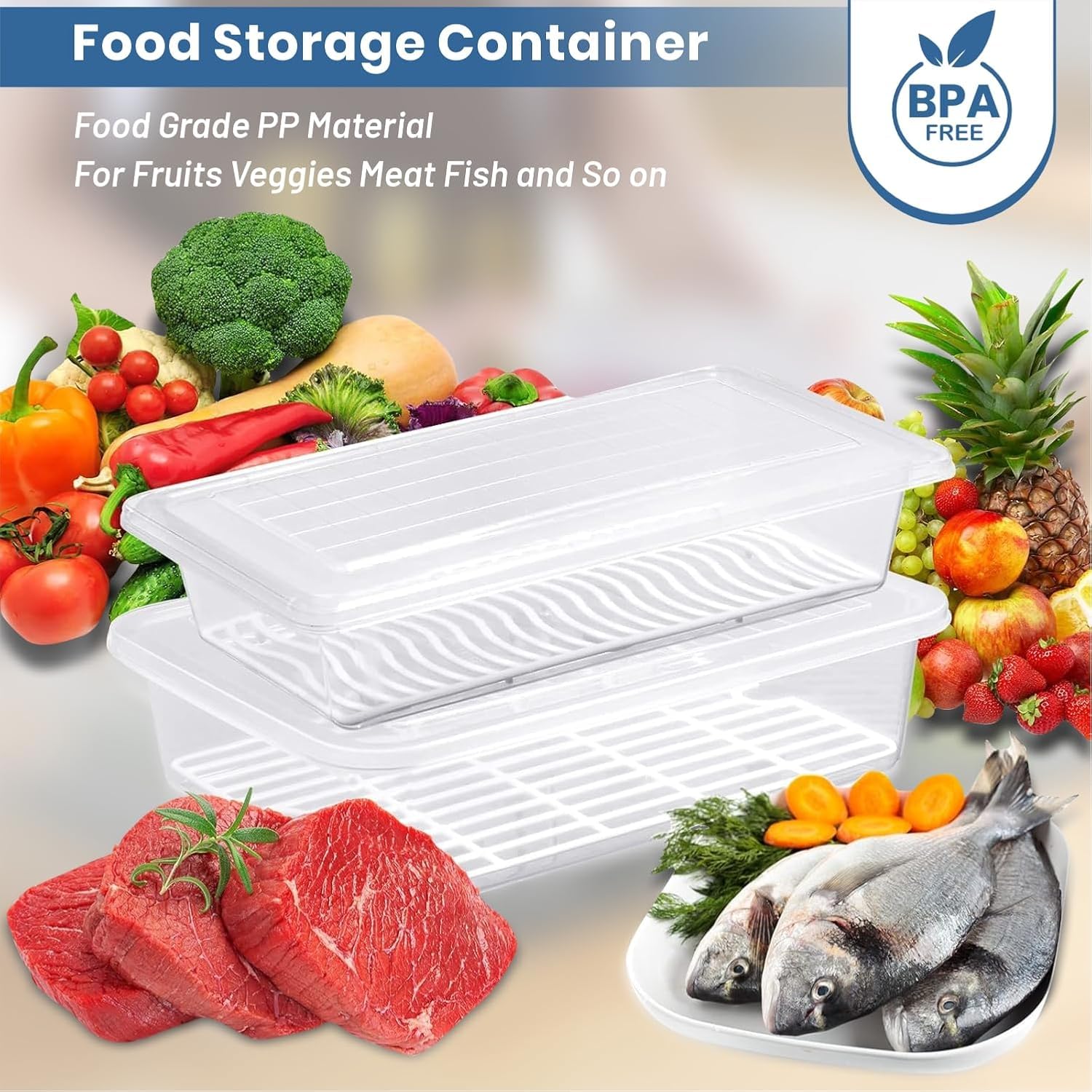 JD FRESH 1500ML Fridge Storage Containers Set of 6 with Removable Drain Plate & Lid | Leak-Proof Stackable Refrigerator Organizer Boxes for Vegetables, Fruits, Snacks|BPA Free, Easy to Clean& Reusable
