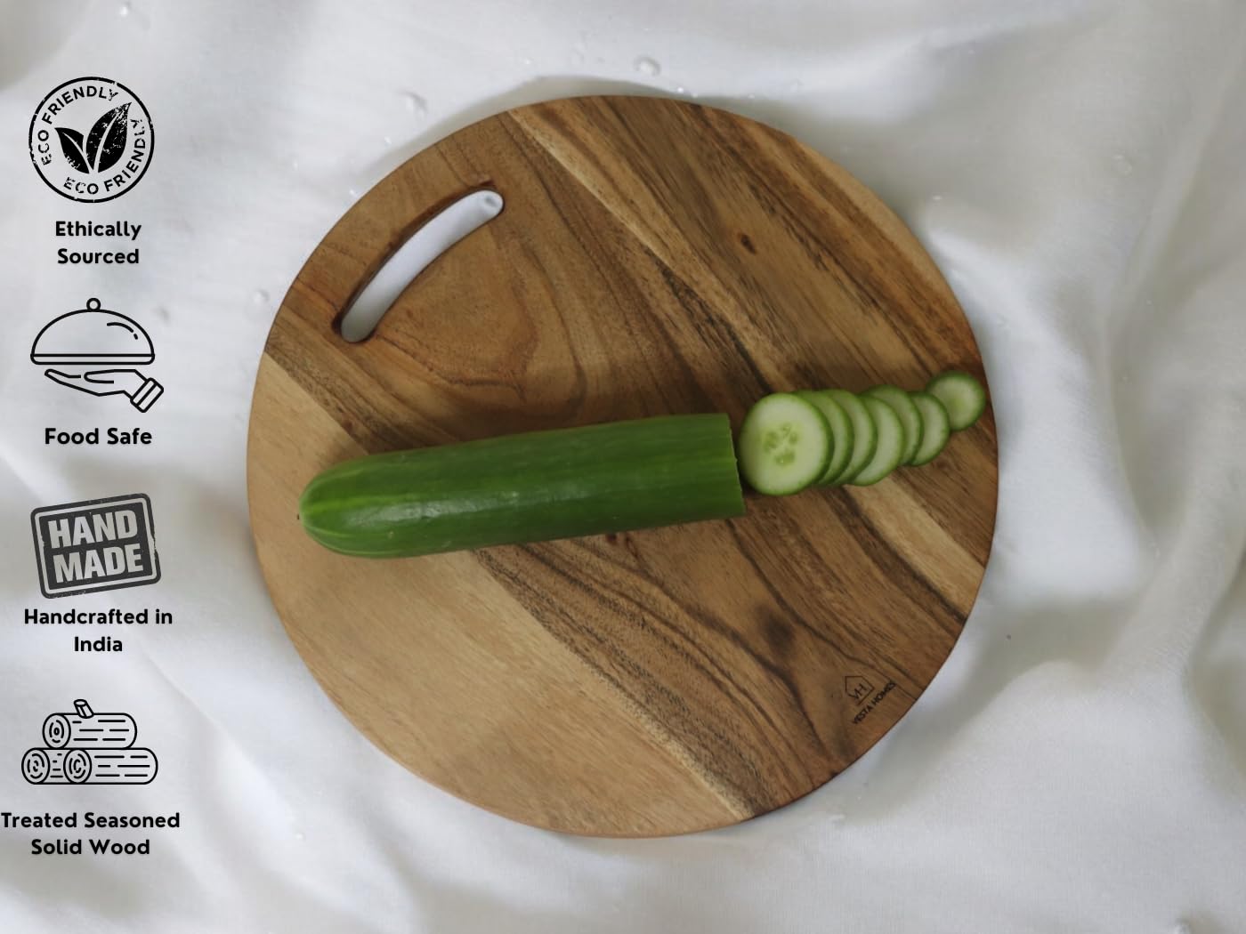 Vesta Homes Wooden Round Chopping Board/Cutting Board/Serving Board, Plate for Pizza, Vegetables, Fruits and Cheese | Natural Acacia Wood