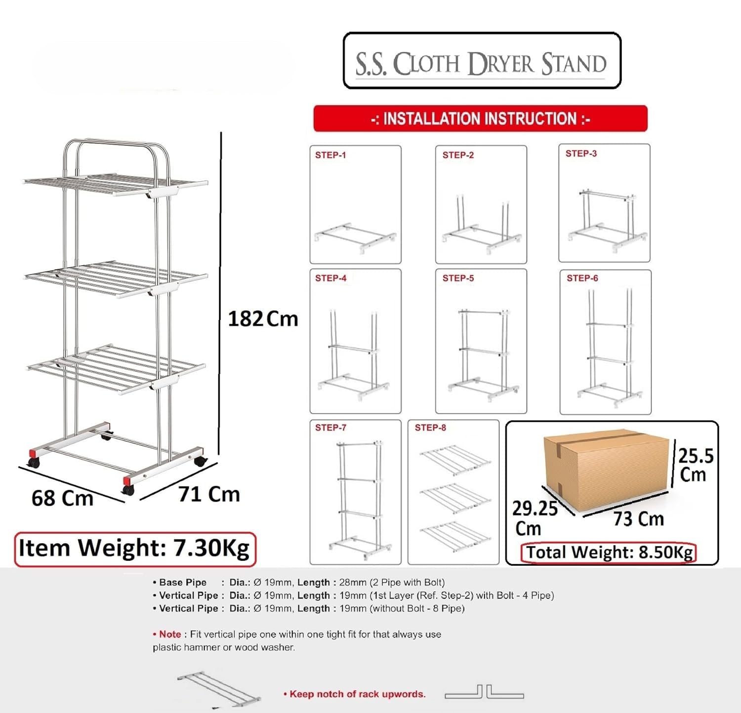 3 Tier 304 Stainless Steel Foldable Cloth Dryer Stand | Heavy Duty Rust-Proof Movable Clothes Drying Rack for Balcony & Indoor Use