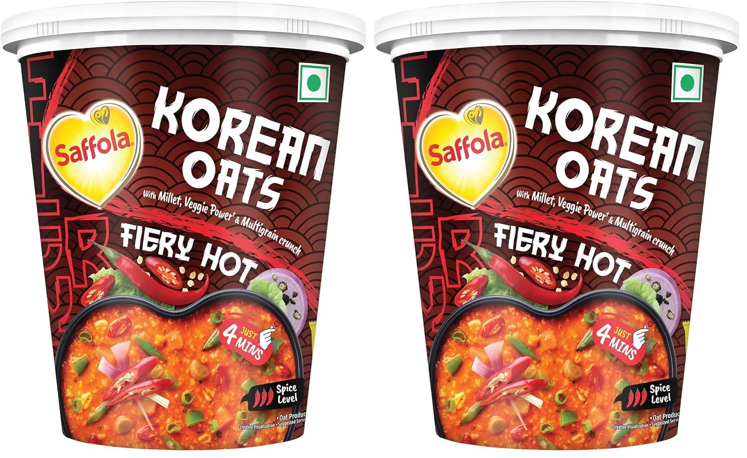 Saffola Korean Cuppa Oats, Fiery Hot, with chilli dressing sachet, No added preservatives, Ready in 4 mins, 56g (Pack of 2)