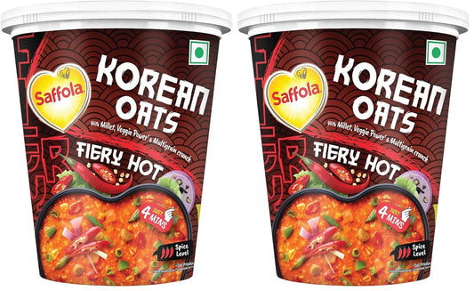 Saffola Korean Cuppa Oats, Fiery Hot, with chilli dressing sachet, No added preservatives, Ready in 4 mins, 56g (Pack of 2)