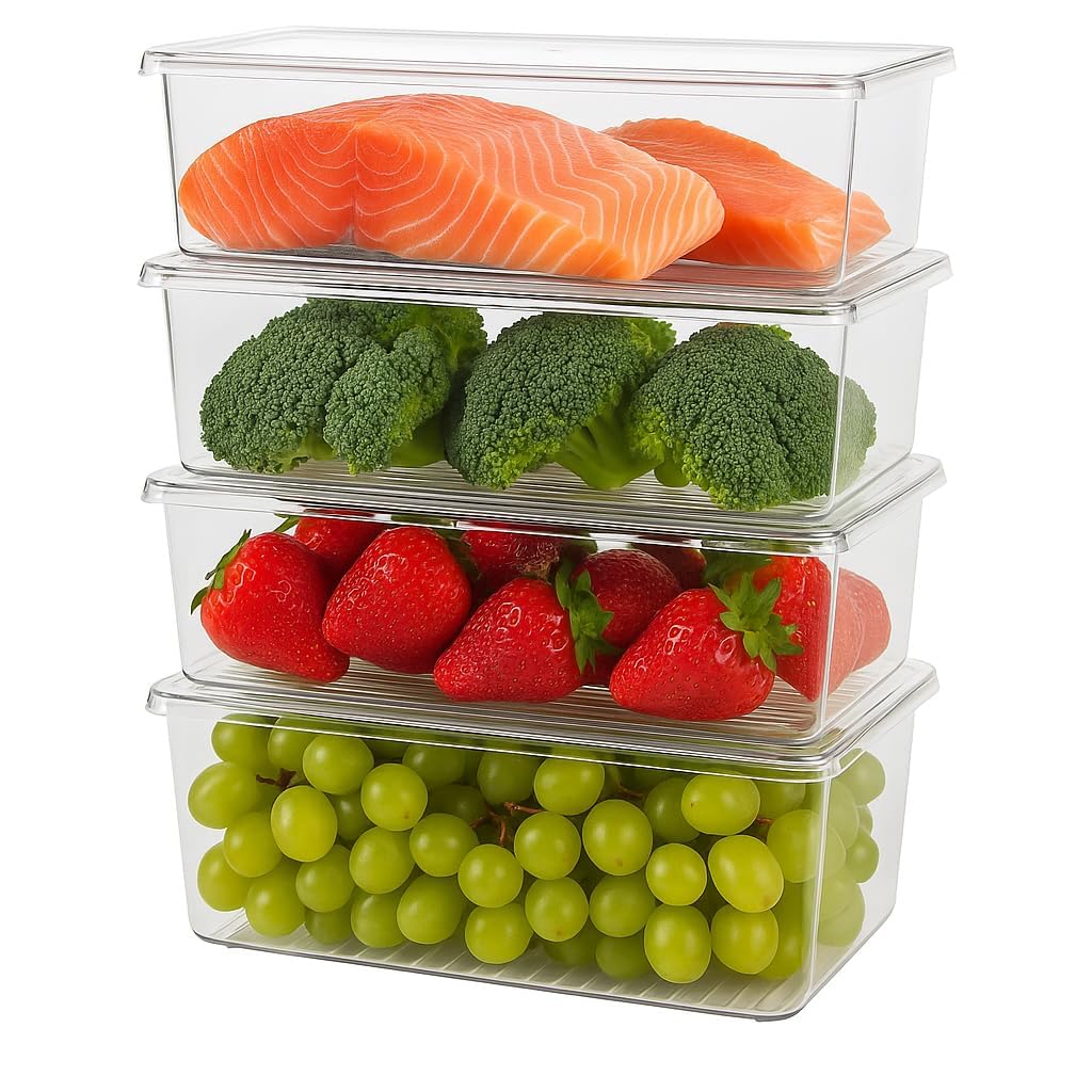JD FRESH 1500ML Fridge Storage Containers Set of 6 with Removable Drain Plate & Lid | Leak-Proof Stackable Refrigerator Organizer Boxes for Vegetables, Fruits, Snacks|BPA Free, Easy to Clean& Reusable