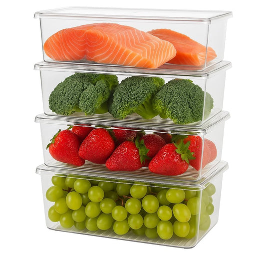 JD FRESH 1500ML Fridge Storage Containers Set of 6 with Removable Drain Plate & Lid | Leak-Proof Stackable Refrigerator Organizer Boxes for Vegetables, Fruits, Snacks|BPA Free, Easy to Clean& Reusable