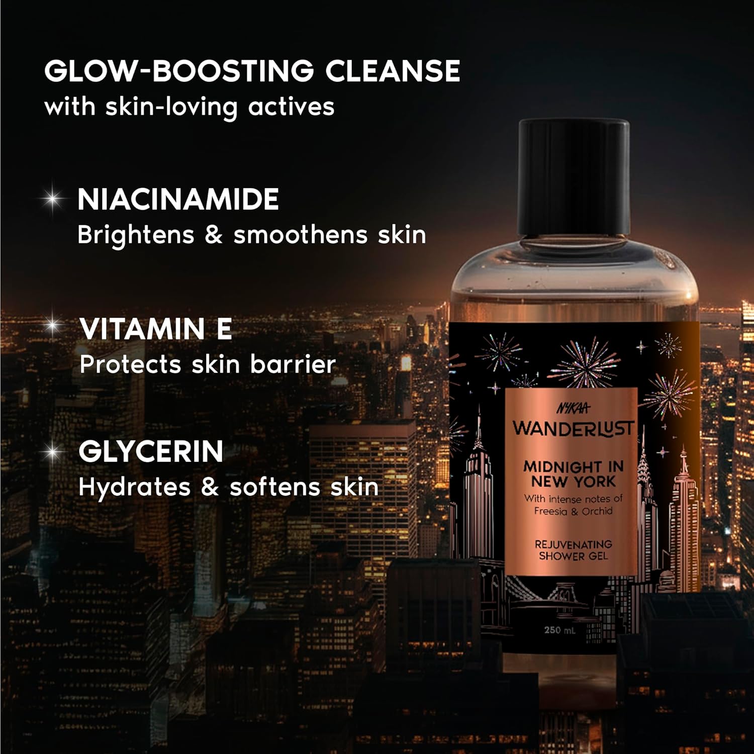 Nykaa Wanderlust Midnight in New York Hydrating Body Wash - Orchid & Musk Scented Body Cleanser with Niacinamide & Vit. E - 250ml Shower Gel for Men and Women