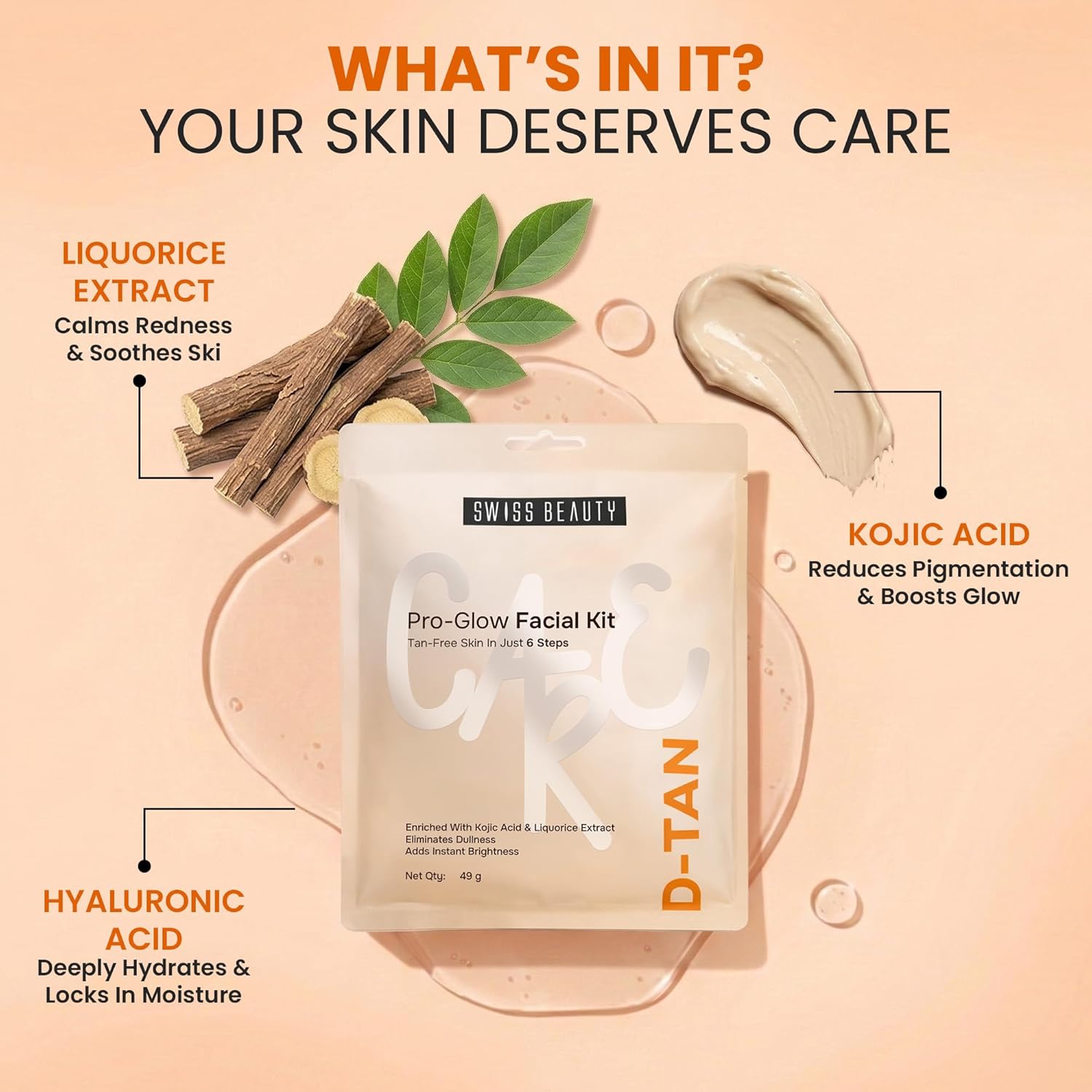 Swiss Beauty Care D-Tan Pro-Glow Facial Kit | Eliminates Tanning | Minimises Pigmentation & Uneven Skin Tone | Boosts Brightness | With Kojic Acid & Liquorice Extract | 49g