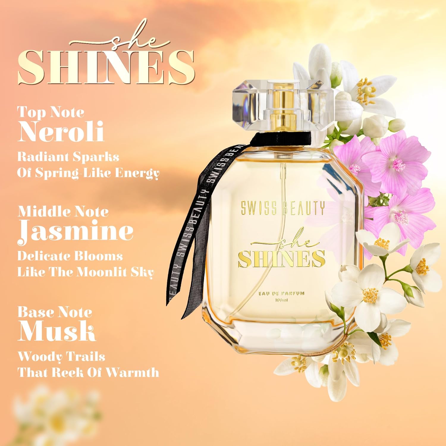 Swiss Beauty She Shines EDP, 100ml | Long-Lasting | Ideal For Gifting | Everyday Wear | Top Note: Neroli | Middle Note: Jasmine | Base Note: Musk