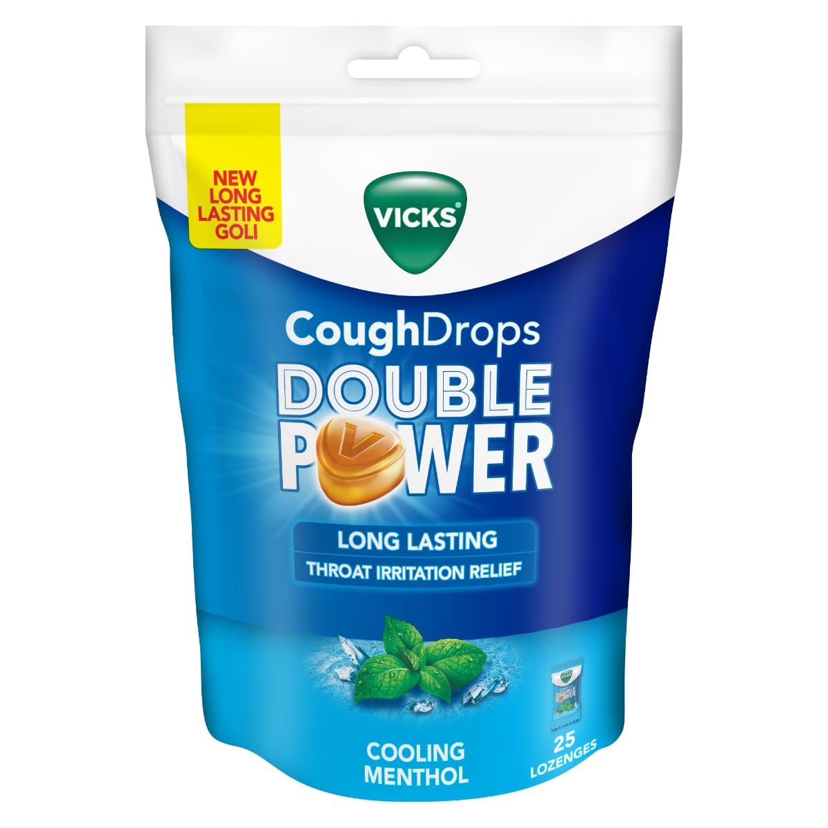 Vicks Cough Drops Double Power (Bag of 25) With Ayurvedic Ingredients for Fast Relief from Throat Irritation & Cough, Cooling Mentholflavour