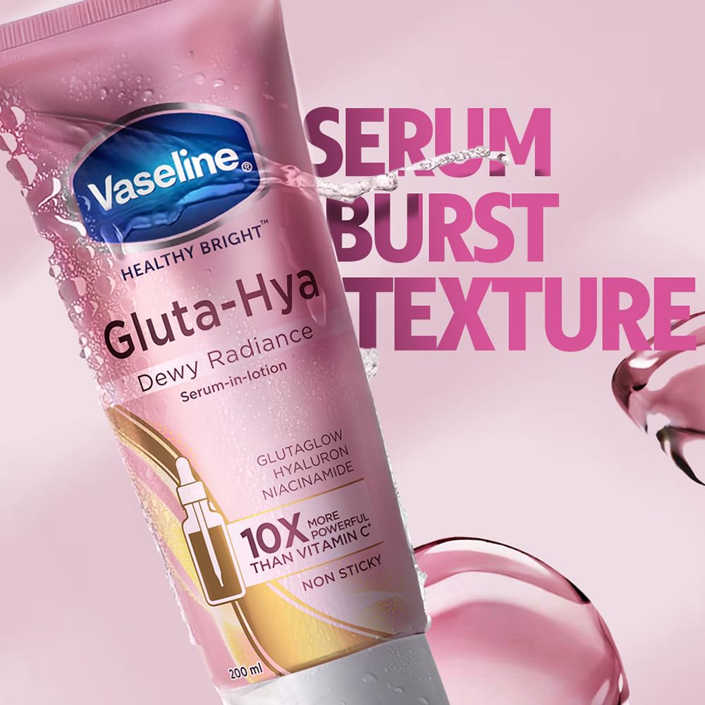 VASELINE Gluta Hya Dewy Radiance Body Lotion, 330 ml, for Dewy Glowing Skin from 1st Use, with Glutathione, Hyaluron & Niacinamide, Non-Sticky Serum Burst Texture, for Women