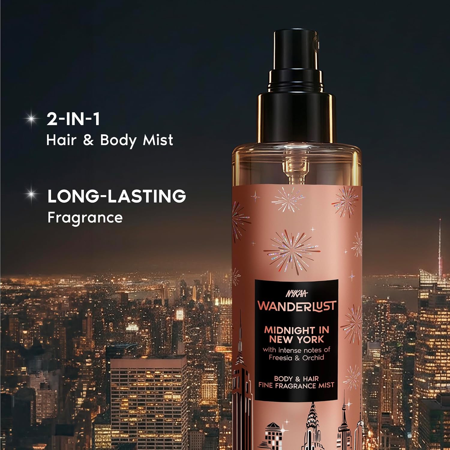 Nykaa Wanderlust Midnight in New York Body & Hair Fine Fragrance I | Perfume Mist for Women – 200 ml I Orchid & Musk |