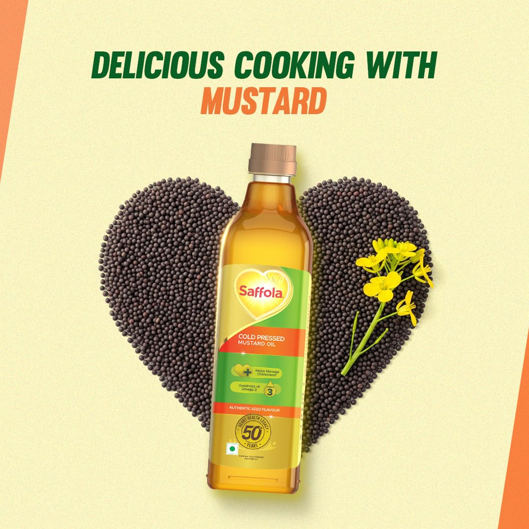 Saffola Cold Pressed Mustard Oil | 100% Cold Pressed Mustard Seed Oil | Kachi ghani Mustard Oil, 0 trans fat, Unrefined, Chemical free | Helps Manage Cholesterol, Goodness of Omega 3 with Authentic Seed Flavour | 1L Pet Bottle
