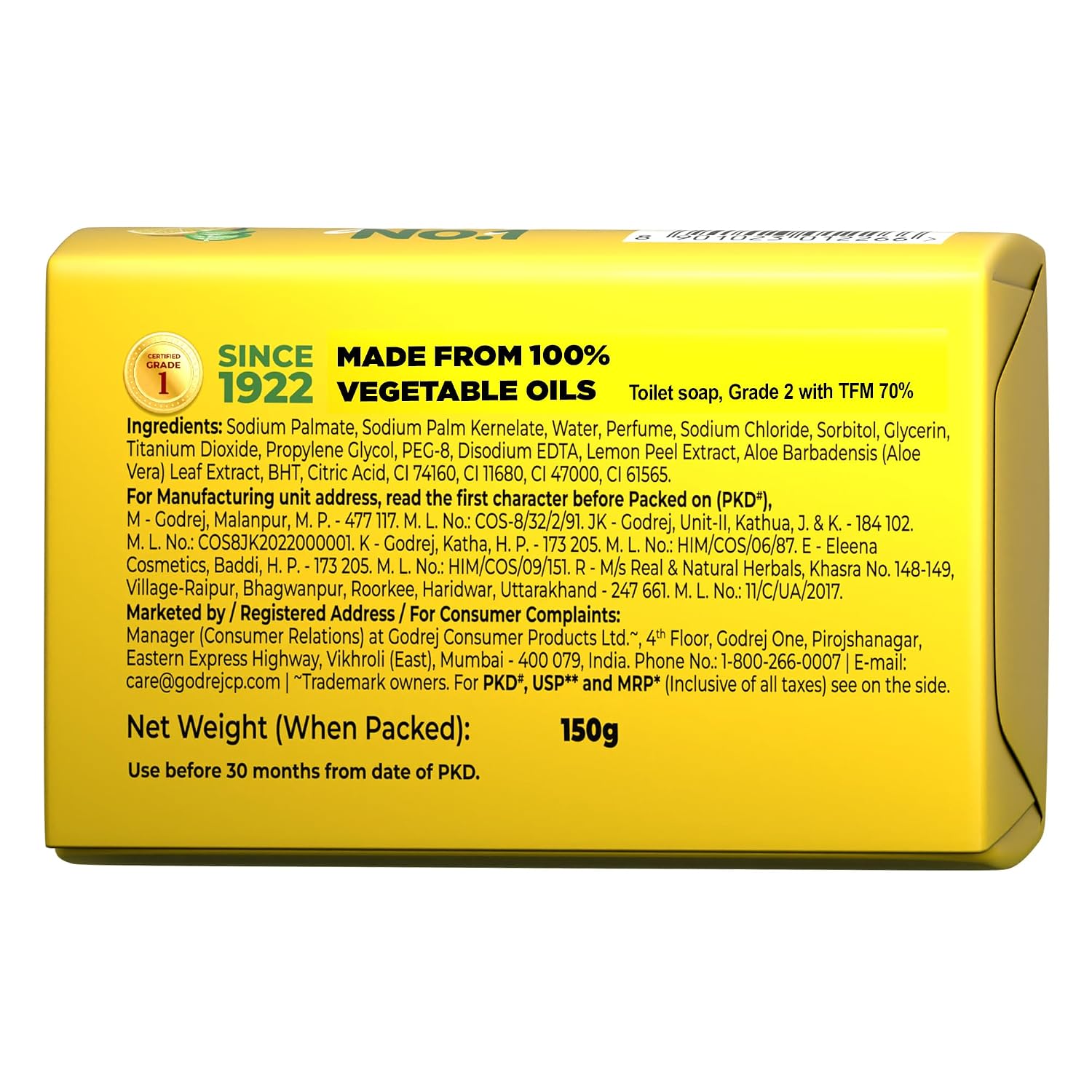 Godrej No. 1 Bathing Soap Lime & Aloe Vera – Grade 1 Soap & Long-lasting Fragrance, Combo Pack of 4 (150g each)