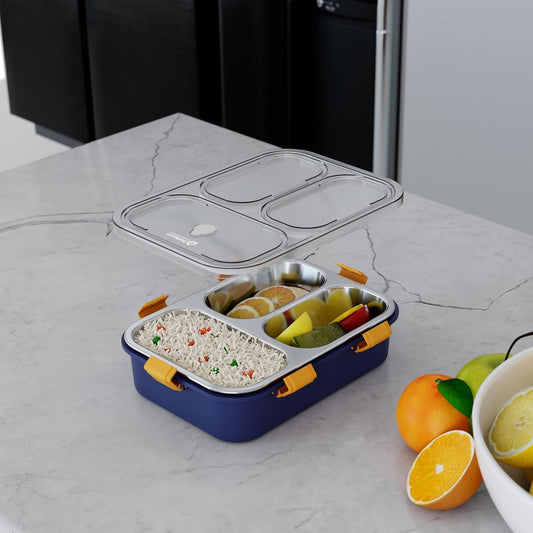 3-Compartment Stainless Steel Lunch Box for - Leakproof, Airtight Tiffin Box, 750ml, Pack of 1 (Blue) | Portion Control & Travel-Friendly
