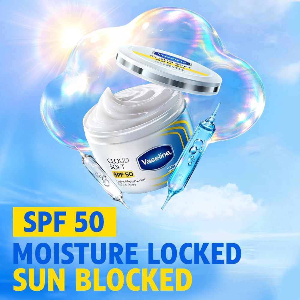 VASELINE Cloud Soft SPF 50 PA ++++ Light Moisturiser, 100 ml, for Soft and Bouncy Skin, with Ceramides & Hyaluron Moisture Fillers, Non-Sticky and Lightweight, Broad Spectrum Protection